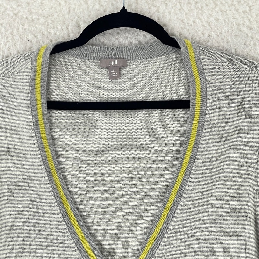 J. Jill Cardigan Sweater Womens Large Petite Gray‎ White Stripe Long Sleeve Knit - Picture 3 of 13